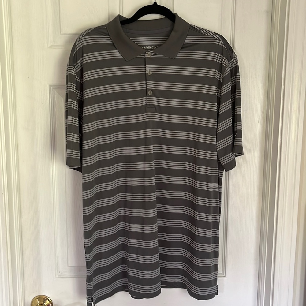 Men’s golf shirt. Gray and white stripe. Good condition.